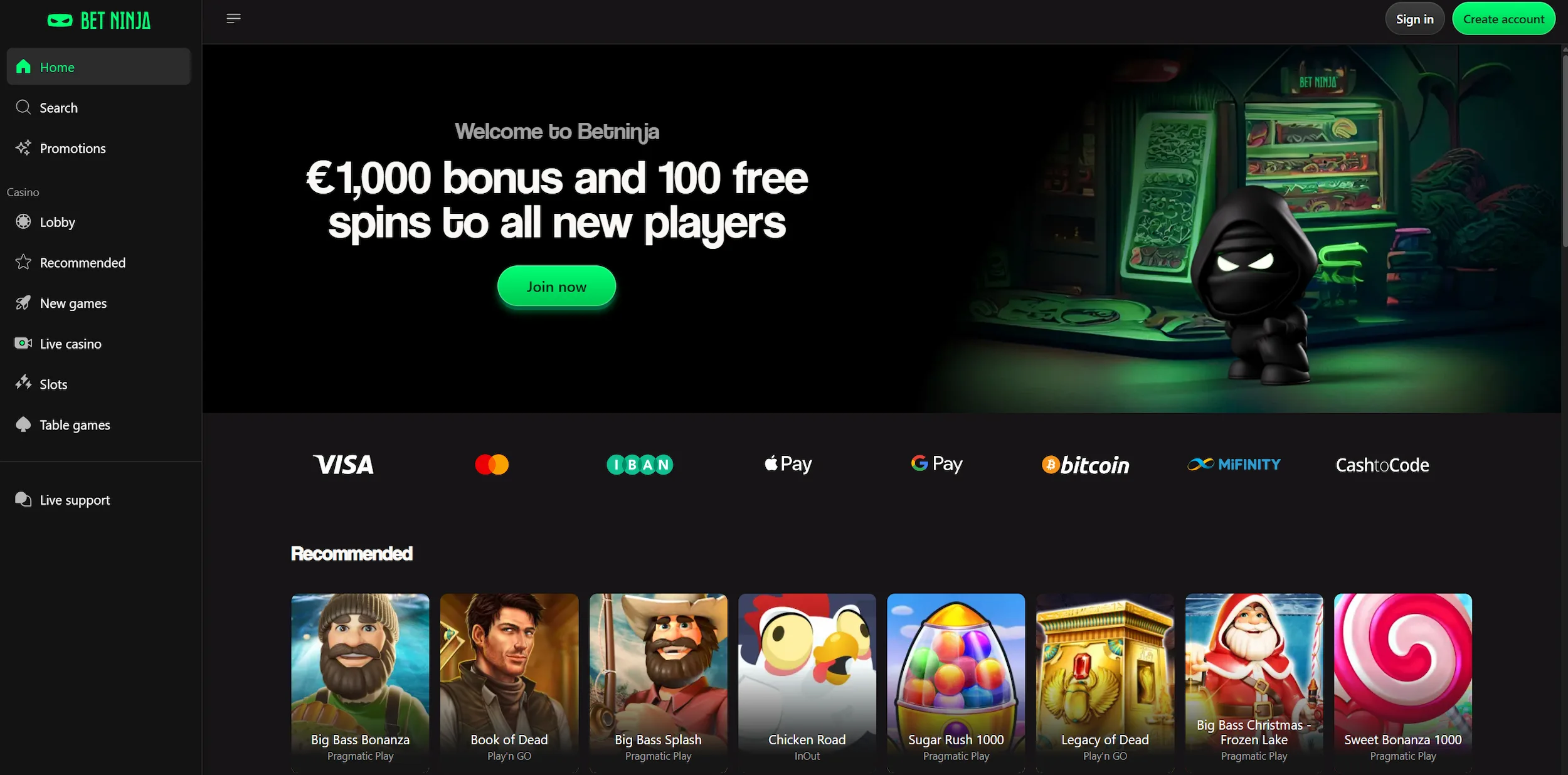 BetNinja casino page showing welcome offer, online pokies and site navigation